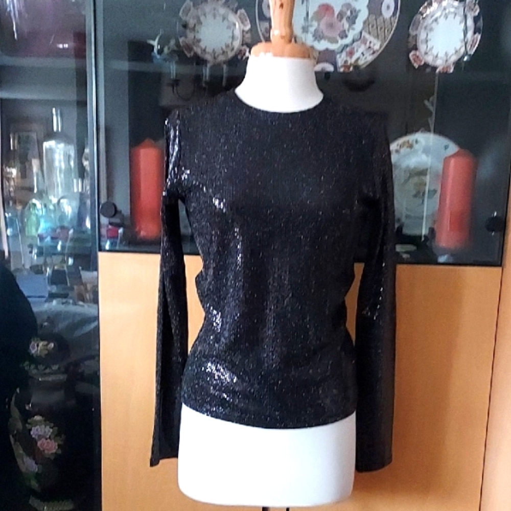 Black Glitter Long Sleeve Top by Giuliana